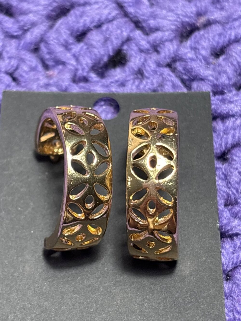 Goldtone Half Hoop Earrings Cutout Design 1.25 inches